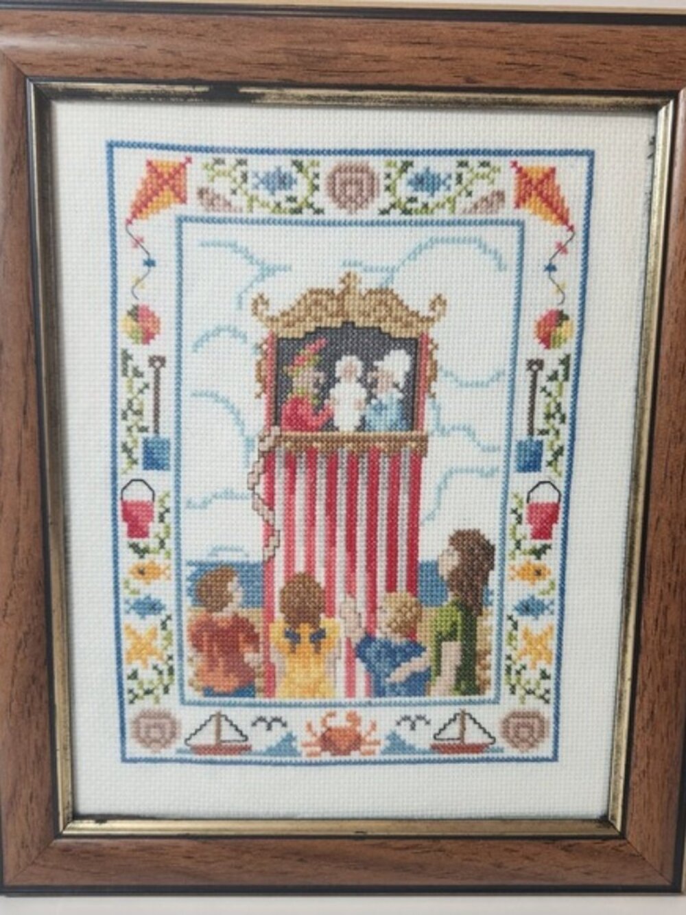 Vintage Punch and Judy‎ Puppet Show Cross Stitch Framed Art Beach Nautical Decor